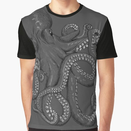 Realistic octopus illustration in black and white line art design on a t-shirt