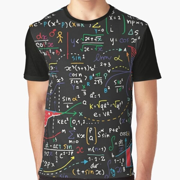 A graphic t-shirt featuring various mathematical shapes, symbols, and formulas.