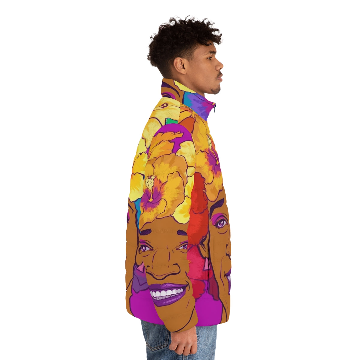 Marsha Johnson Tribute Puffer Jacket featuring a colorful floral design and crown motif - men side right