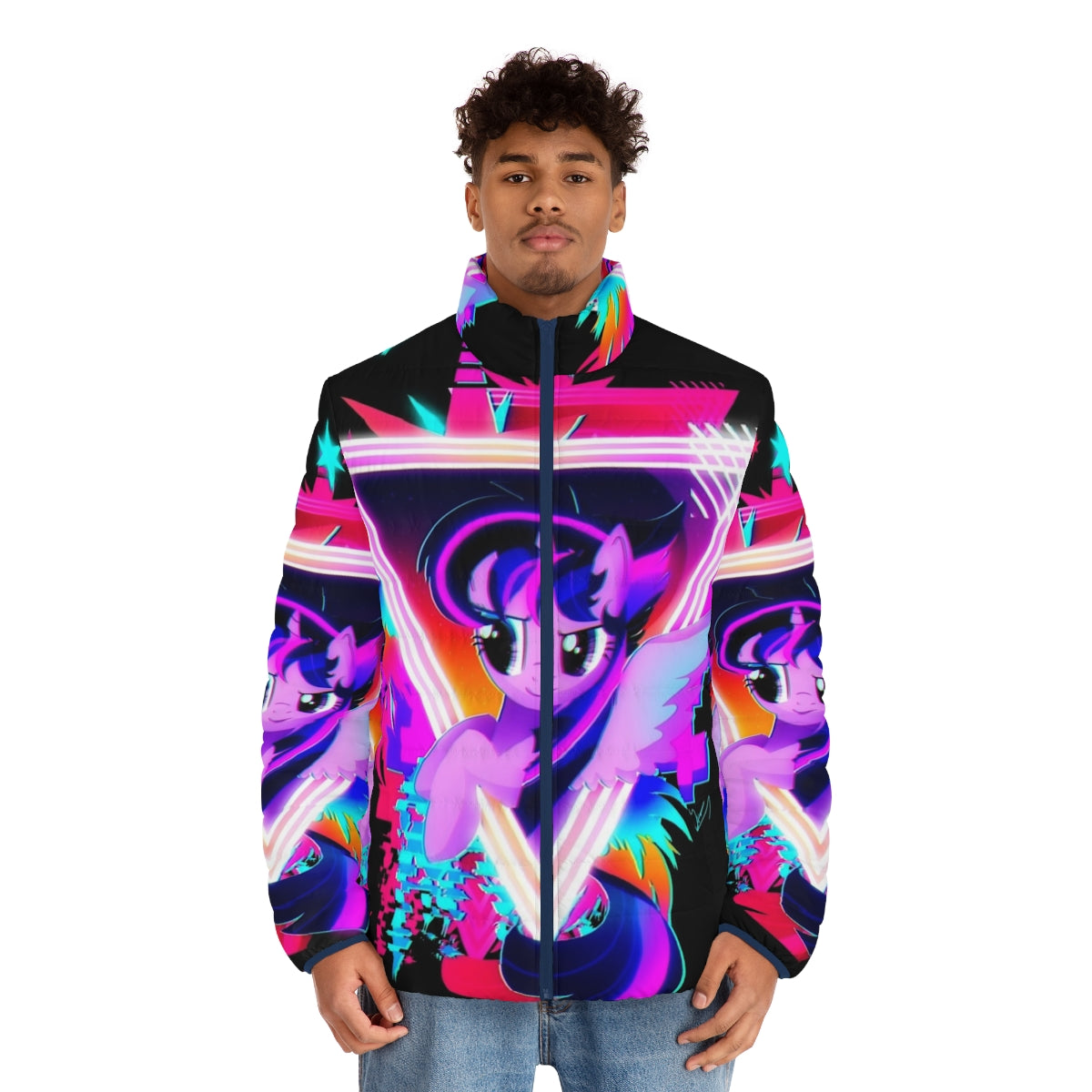 Neon puffer jacket featuring Twilight Sparkle from My Little Pony - men front