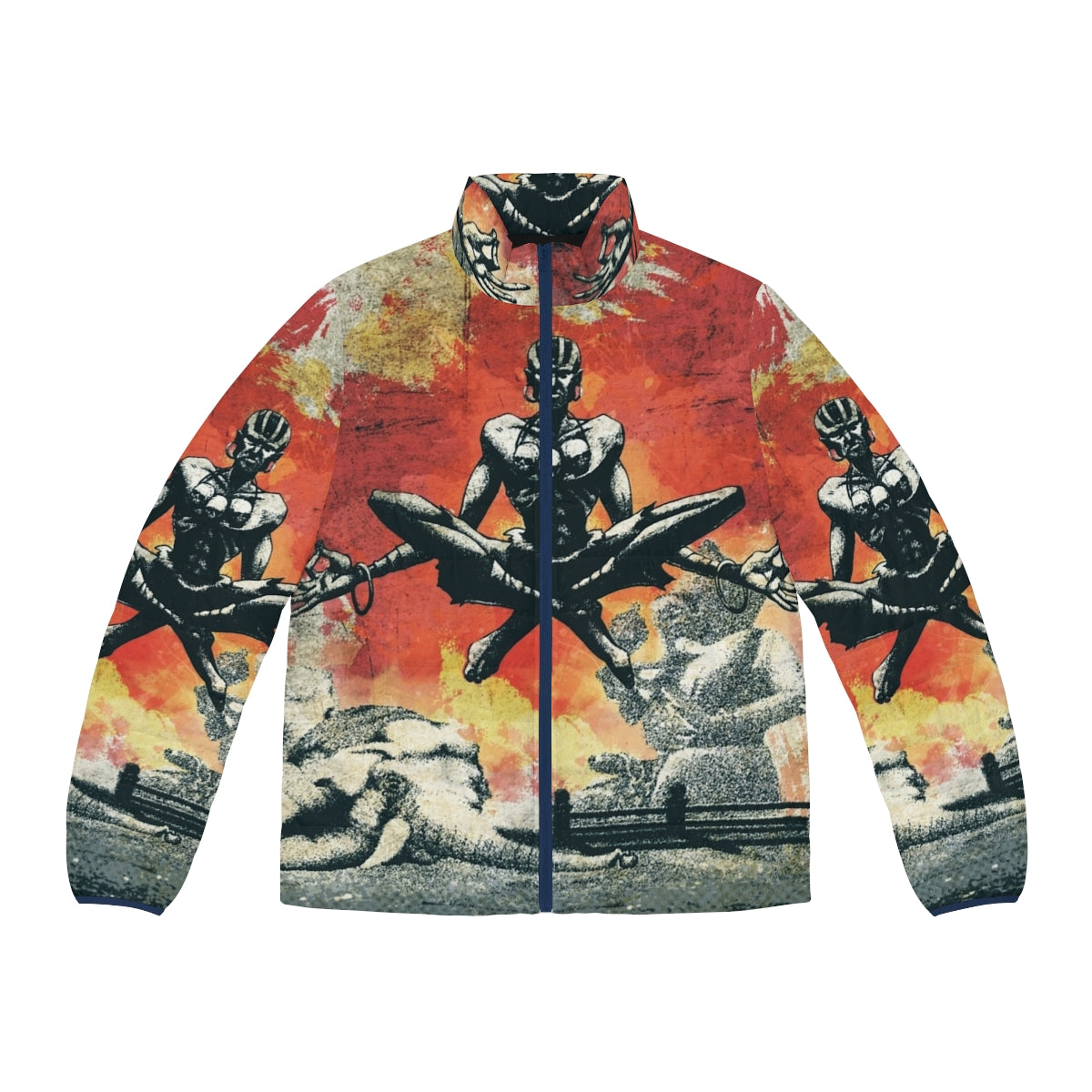 A puffer jacket featuring the iconic Dhalsim character from the Street Fighter video game series