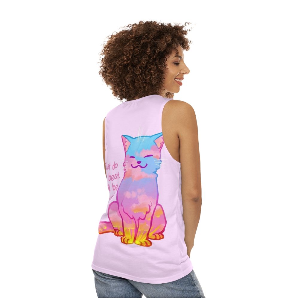 Sunset cat graphic on a unisex tank top with an inspirational affirmation - women back