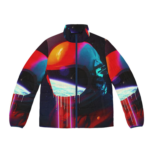 A surreal puffer jacket design featuring an astronaut in a cosmic, leaking helmet surrounded by stars, galaxies, and celestial elements.