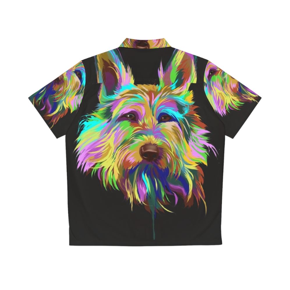 Berger De Picardie dog wearing a colorful Hawaiian style shirt - Back