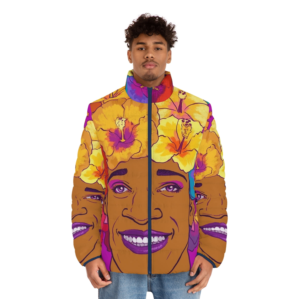 Marsha Johnson Tribute Puffer Jacket featuring a colorful floral design and crown motif - men front