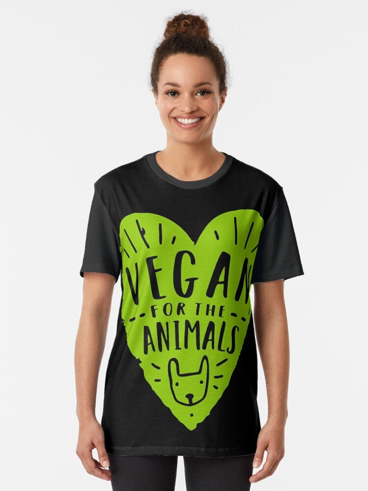 Vegan for the Animals Graphic T-Shirt featuring a compassionate message for plant-based and animal rights supporters. - Women