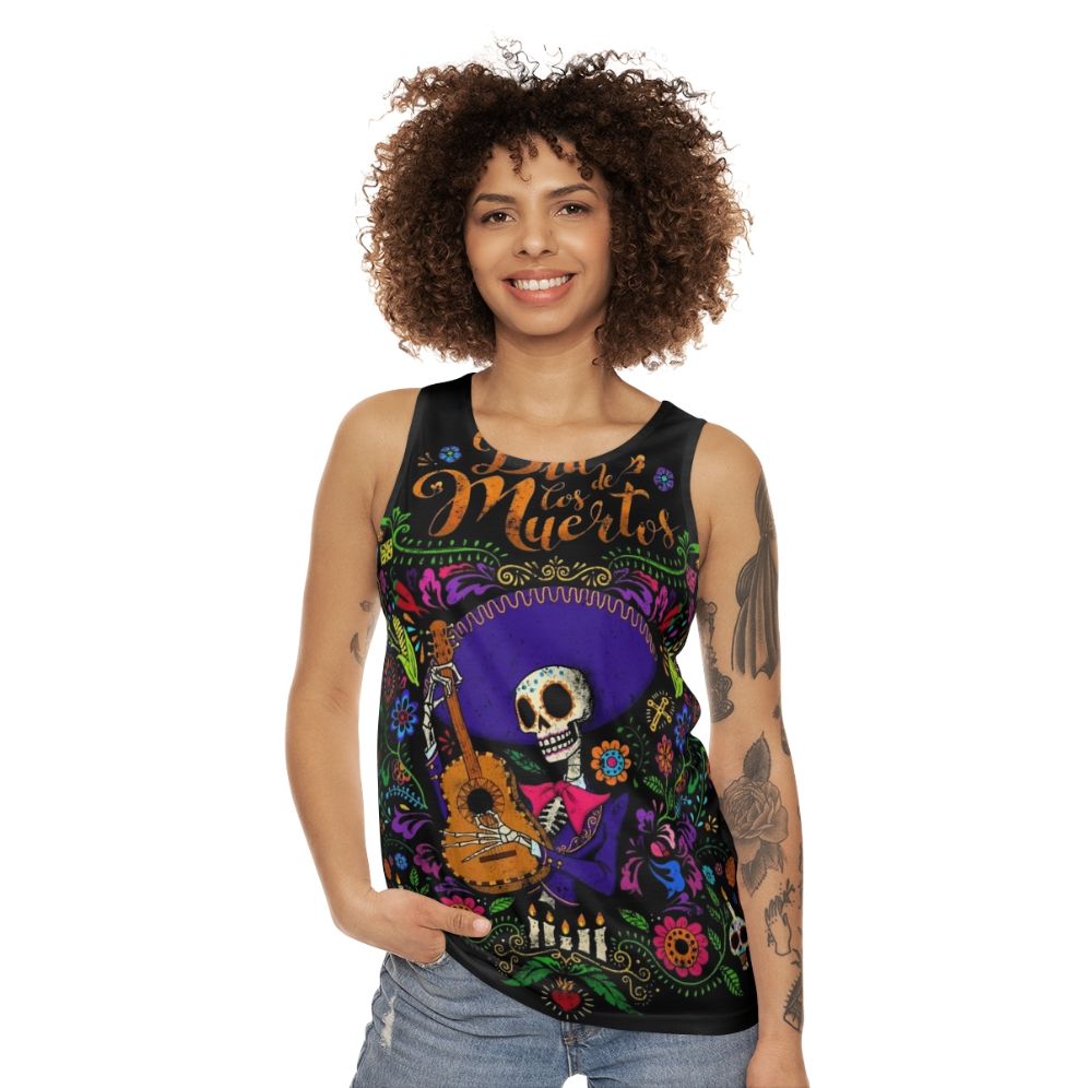 Dia de los muertos tank top with skeleton and sugar skull design - women