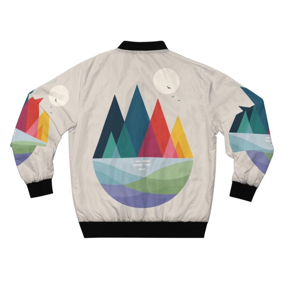 Colorful and geometric landscape bomber jacket with rainbow, green, red, yellow, orange, blue, purple, and pink colors - Back