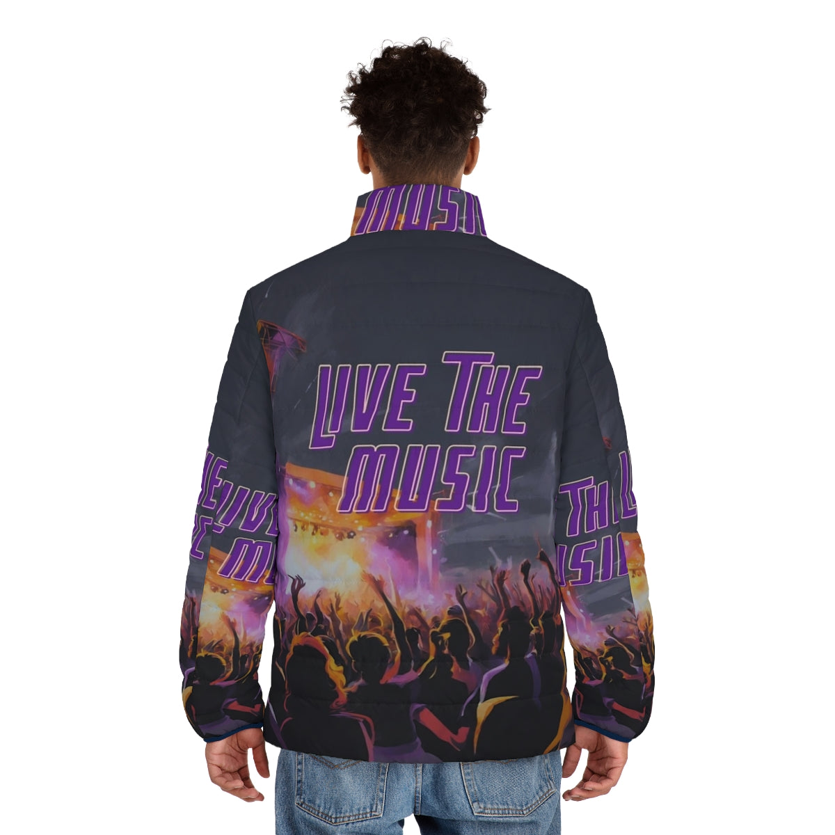 Live The Music Puffer Jacket, featuring music-inspired design and techno fashion style - men back