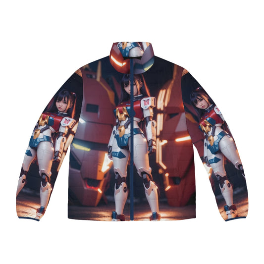 Cyberpunk-style puffer jacket featuring a Japanese mecha pilot girl digital art design