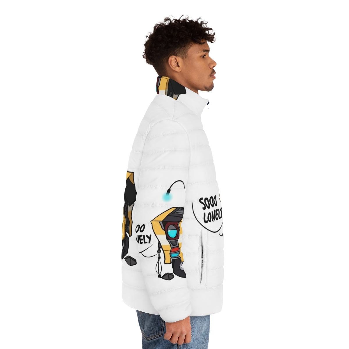 Borderlands Claptrap 1 Puffer Jacket featuring the iconic Claptrap character from the Borderlands video game series - men side right