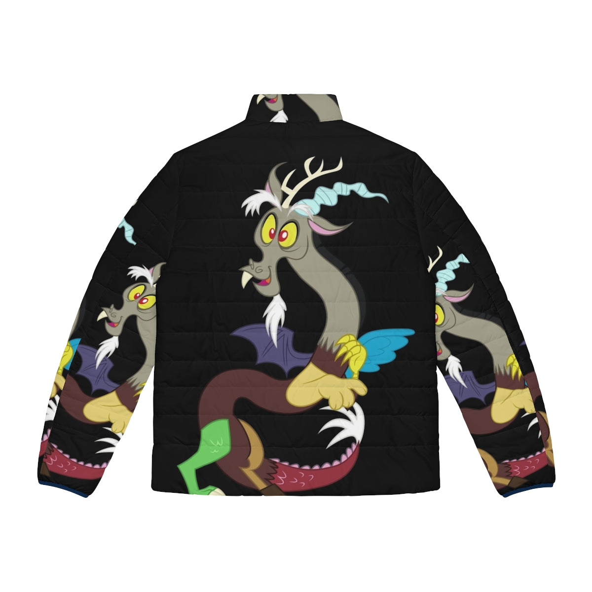 A cozy puffer jacket featuring the character Discord, the draconequus from My Little Pony. - Back