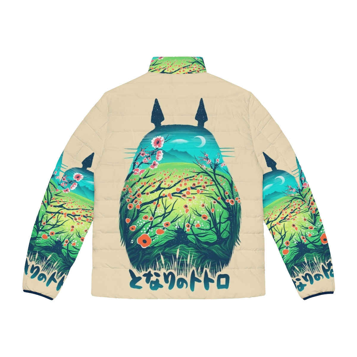 A cozy puffer jacket featuring an anime-inspired design with a fantasy forest landscape and a stylish "neighbor" graphic. - Back