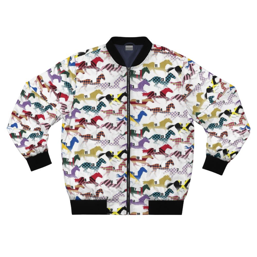 Colorful horse racing pattern bomber jacket with jockey silks design