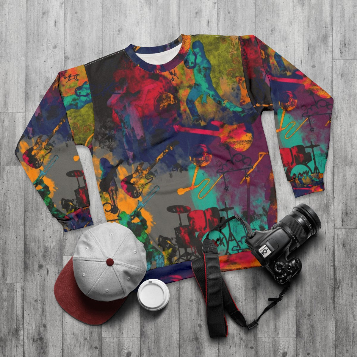 Rock band sweatshirt with vintage style logo and graphic - flat lay