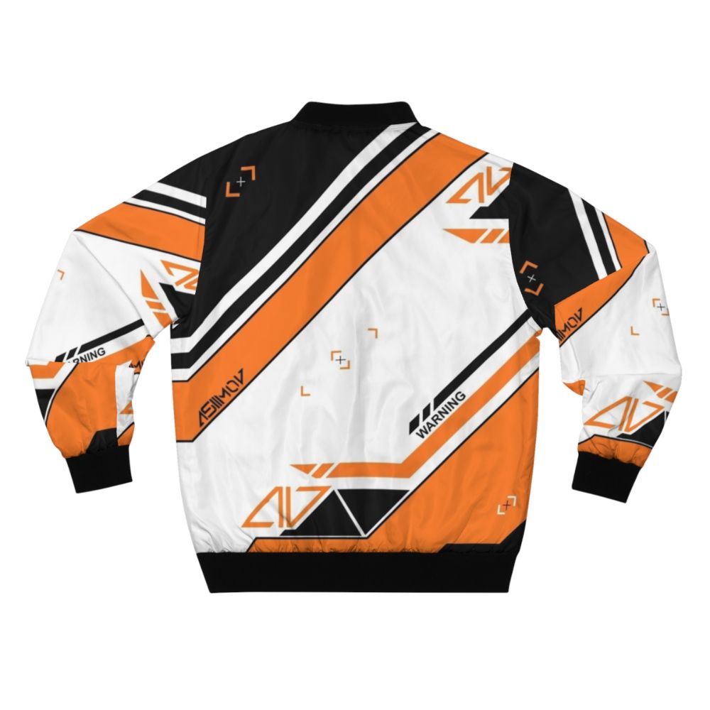 A bomber jacket with the iconic CSGO Asiimov skin design in shades of orange and black. - Back