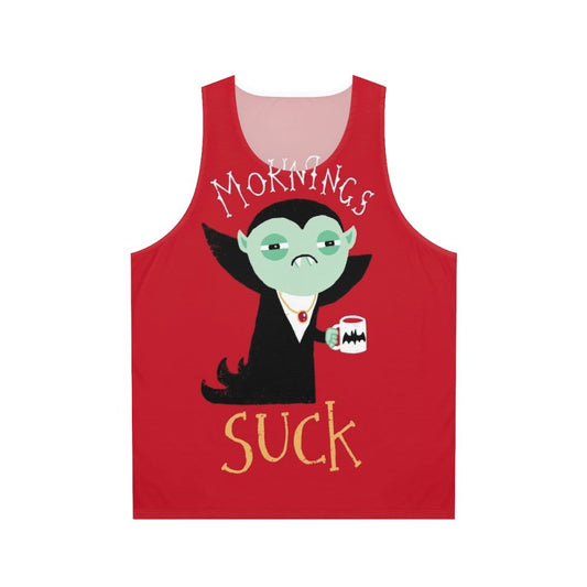 Funny unisex tank top with "Mornings Suck" vampire coffee design