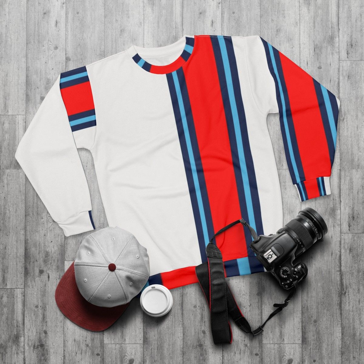 Martini Stripe Sweatshirt featuring minimalist motorsport design - flat lay