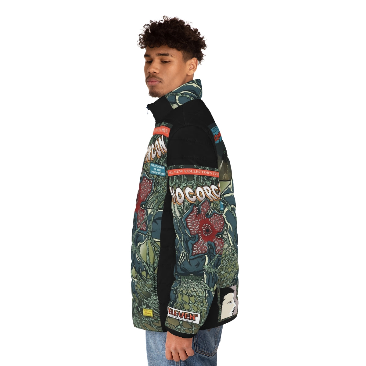 Demogorgon Puffer Jacket featuring Stranger Things-inspired design with spiderwebs and interdimensional elements - men side left