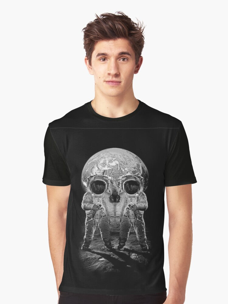 Skull astronaut floating in a space galaxy, a spooky and haunting sci-fi design - Men