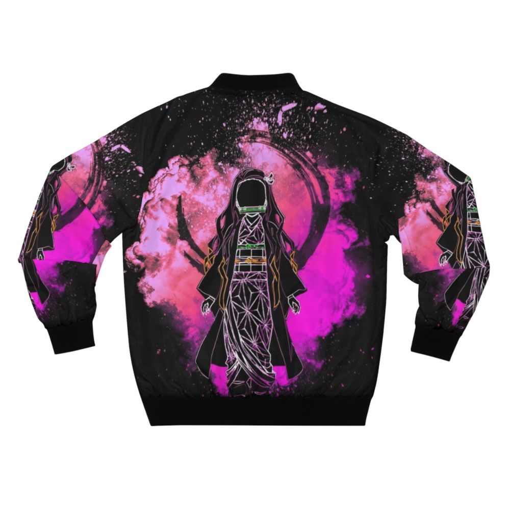 Demon Slayer inspired anime bomber jacket with colorful abstract silhouette design - Back