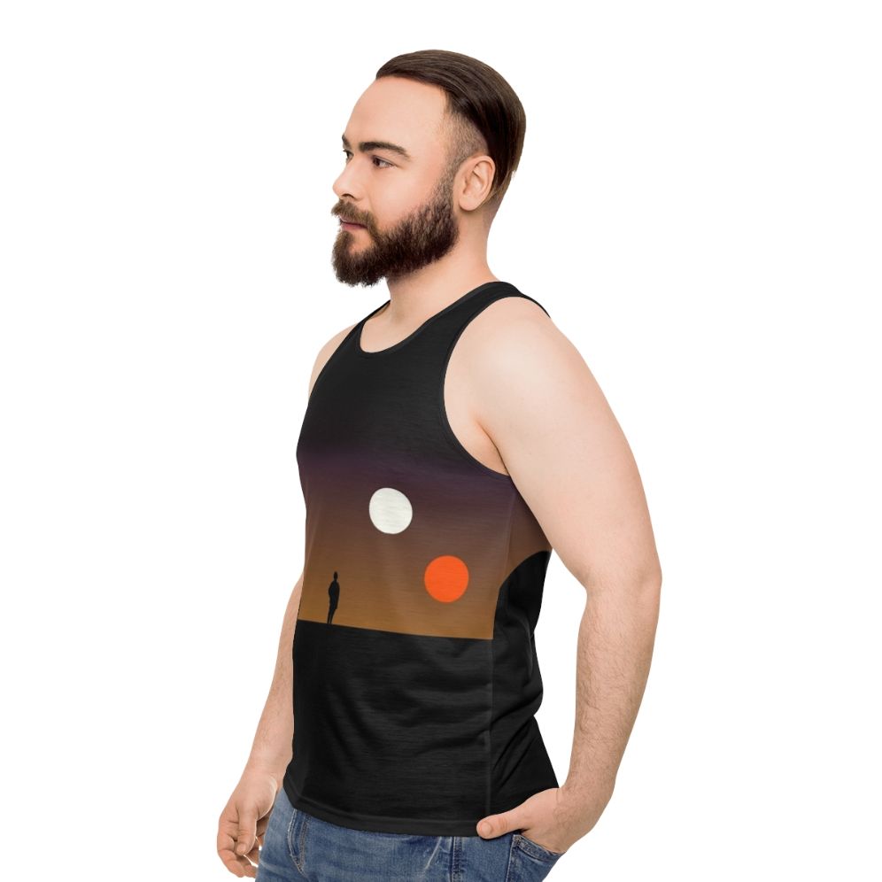 Galaxy-inspired unisex tank top with a sunset graphic design - men side