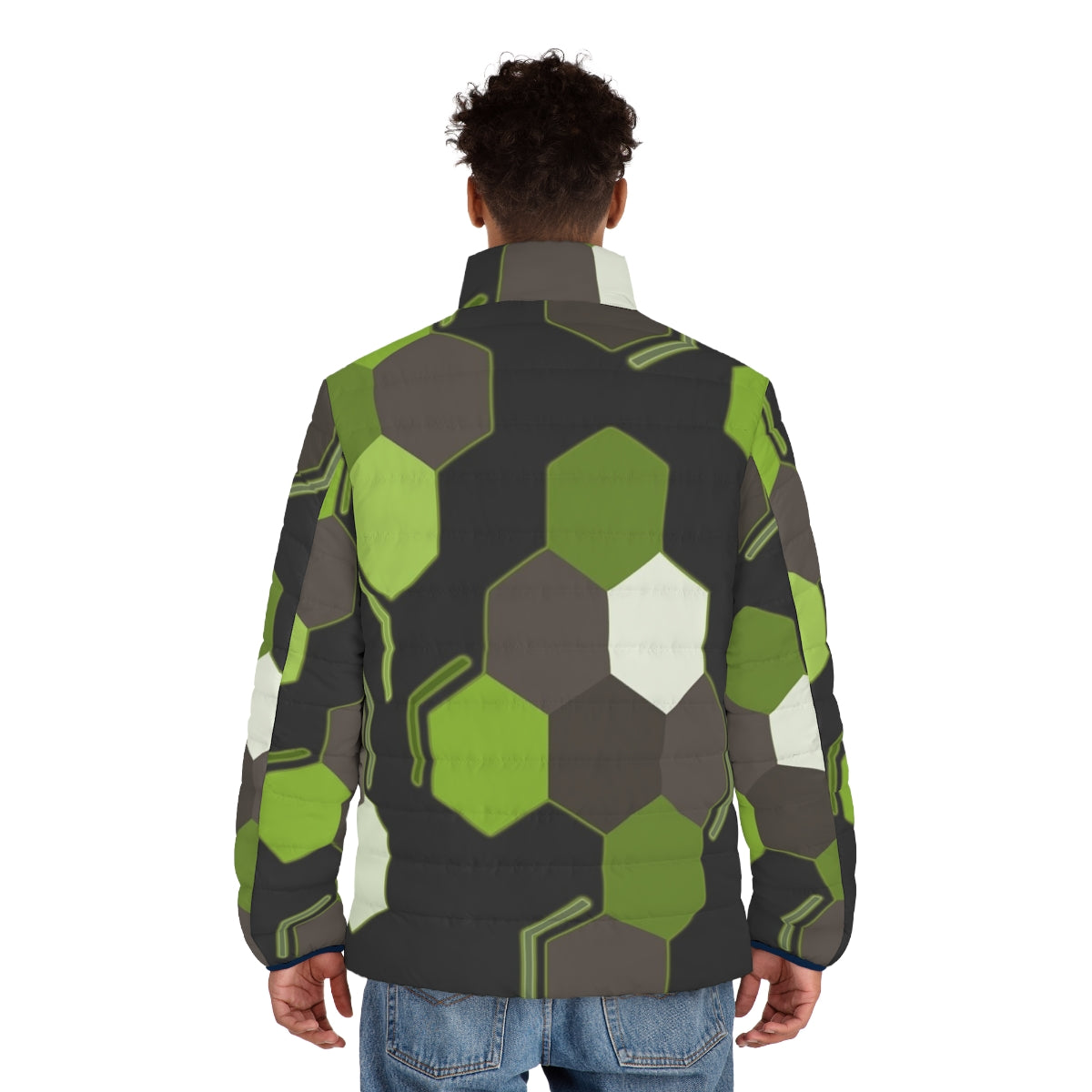 Hexagonal scales puffer jacket with Zygarde-inspired geometric design - men back