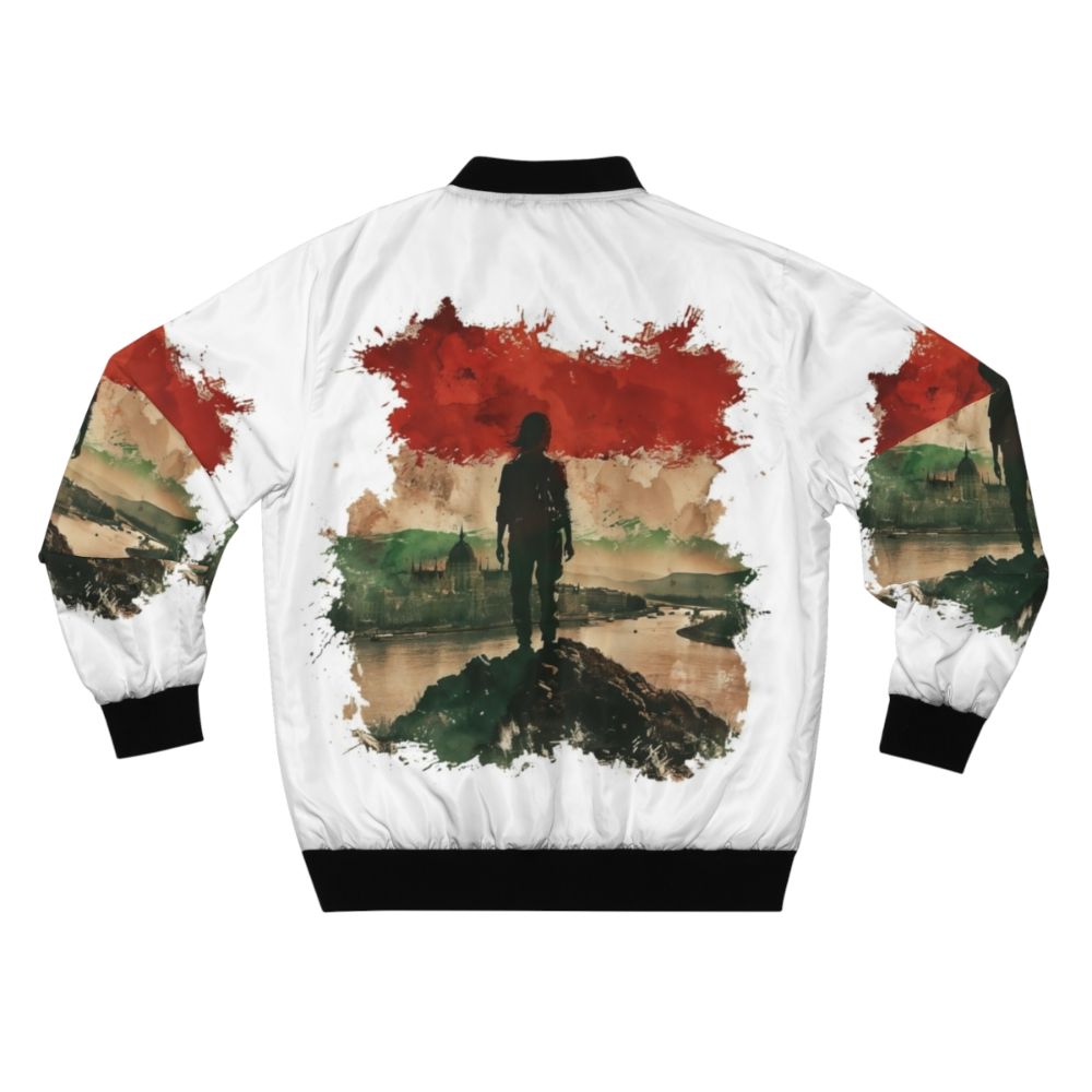 Hungarian flag printed on a bomber jacket with a scenic city backdrop - Back