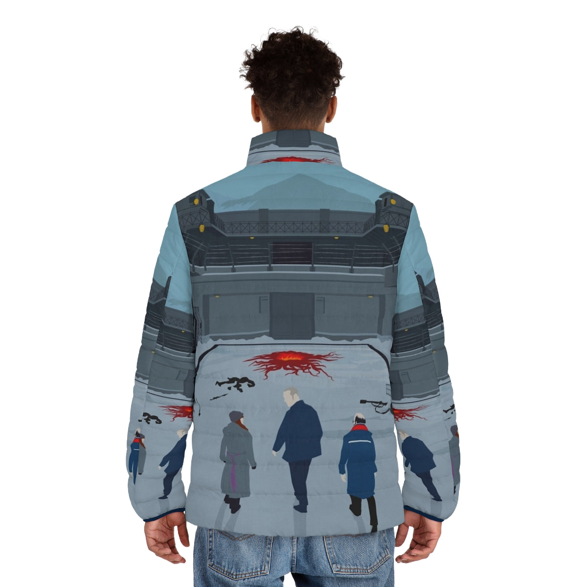 Stranger Things Fan Art Print Puffer Jacket with Eleven, Hopper, and Joyce - men back