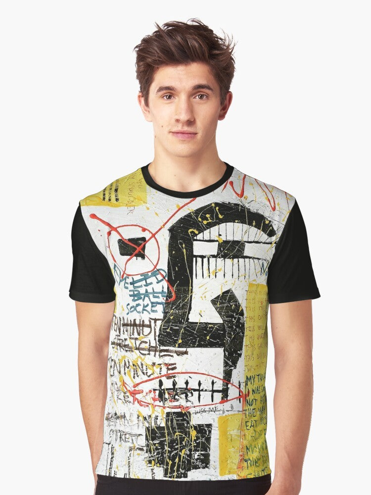 Alive abstract neo expressionist graphic t-shirt with face, sun, and eyeball doodle design - Men