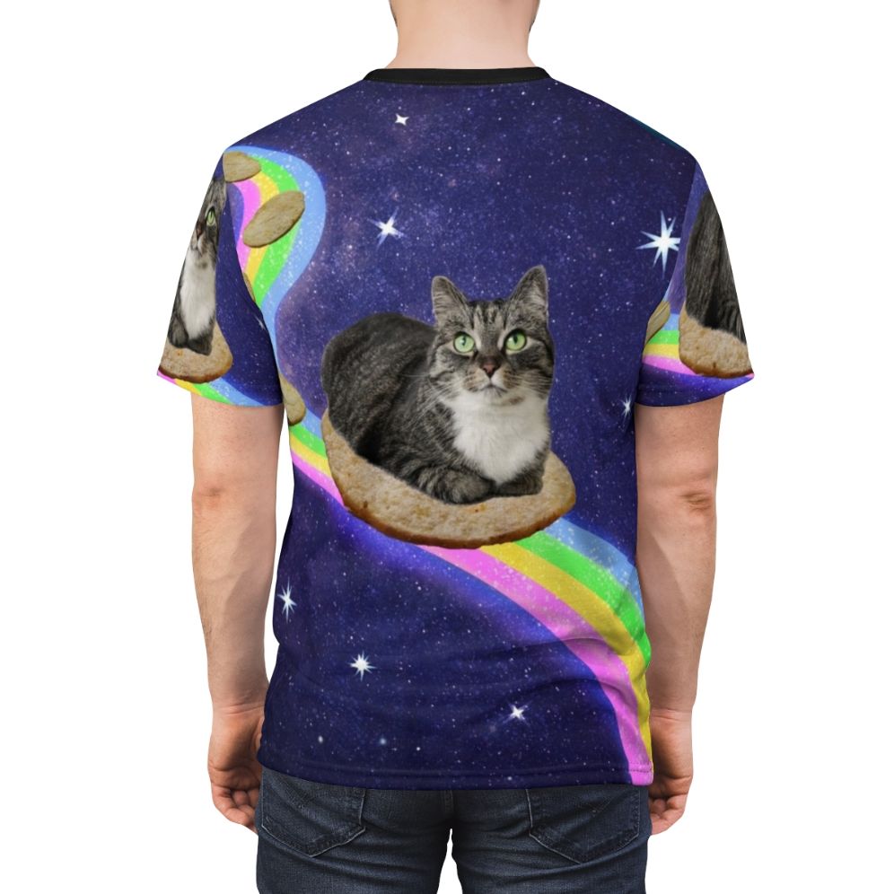 An all-over print t-shirt featuring a design of cosmic cats exploring the galaxy. - men back