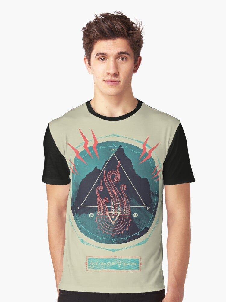 Graphic t-shirt featuring a Lovecraftian inspired mountain of madness design with lightning bolts, tentacles, and occult symbols. - Men