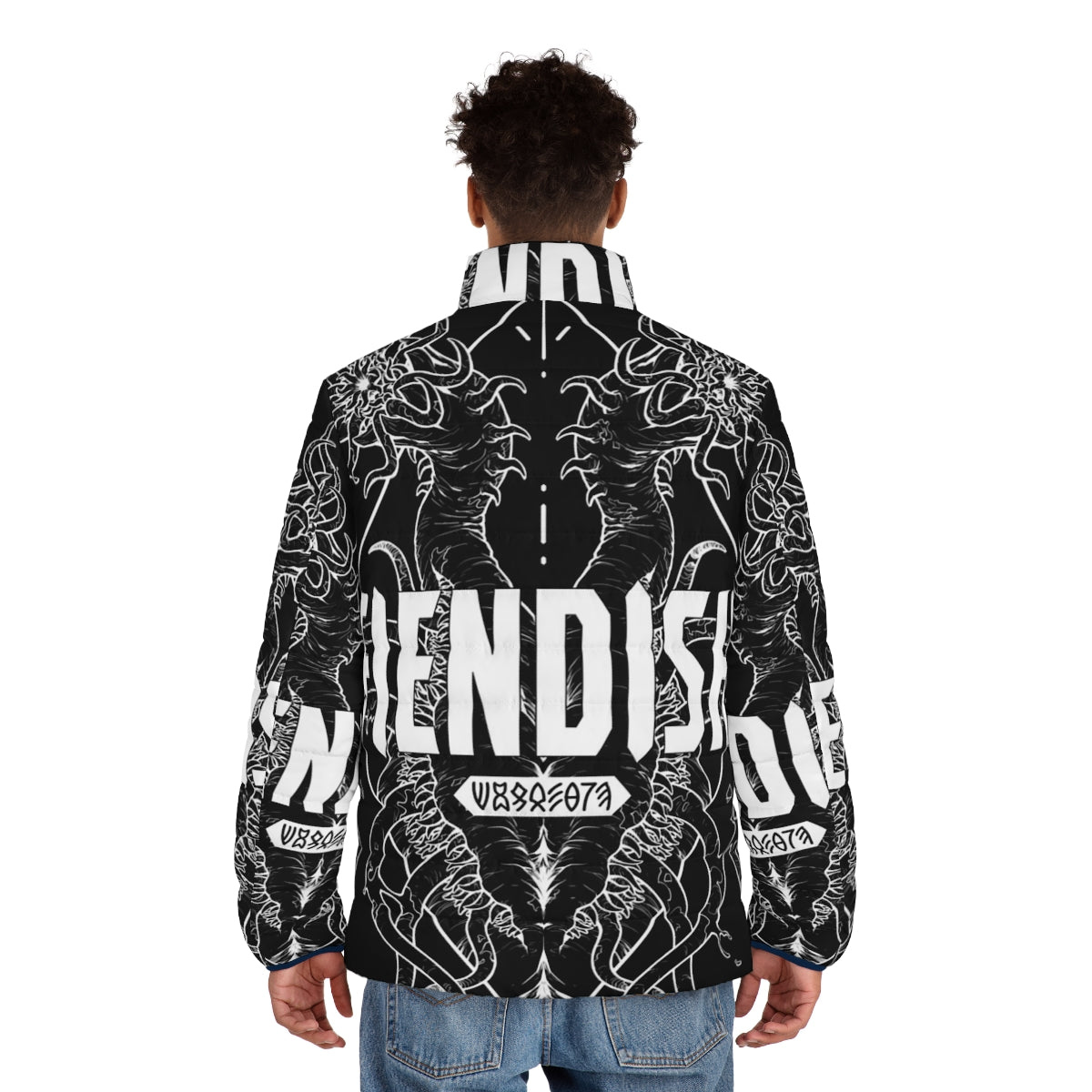 Fiendish Urgastij White Puffer Jacket featuring horror-inspired monster and geometric designs - men back