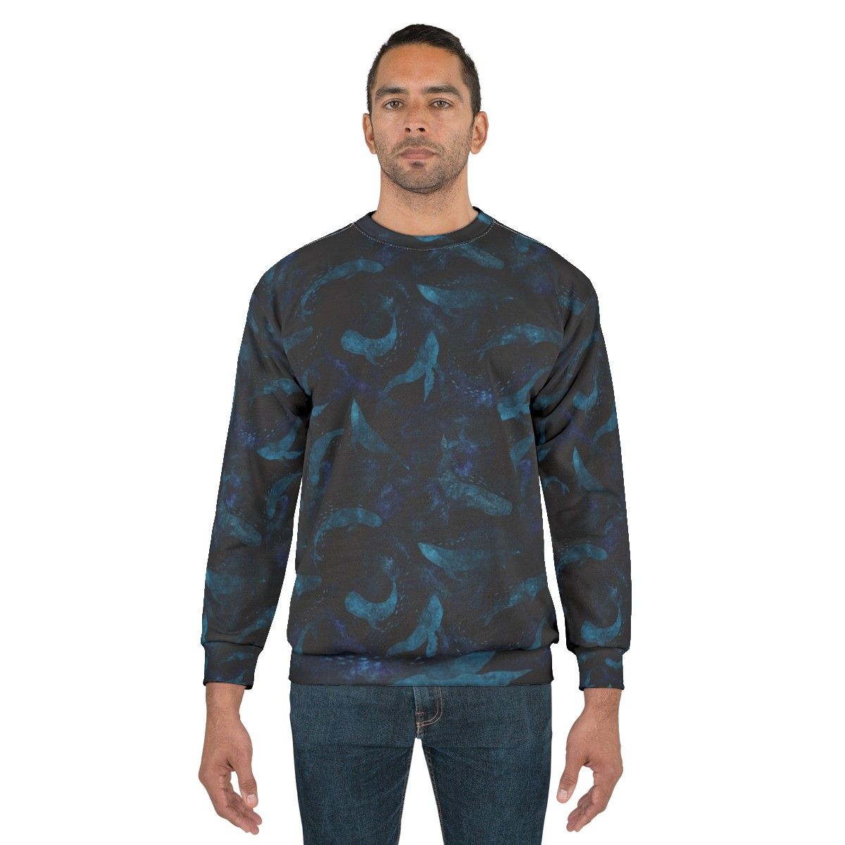 Indigo blue sweatshirt with a design of whales dancing underwater - men