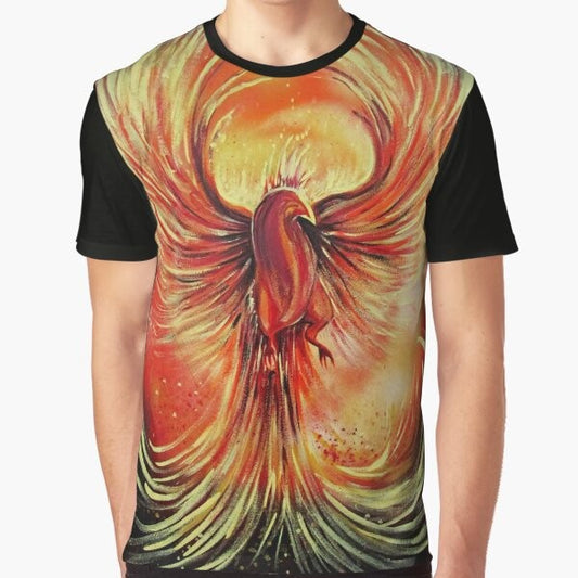 Vibrant graphic design of a mythical phoenix bird rising from the ashes