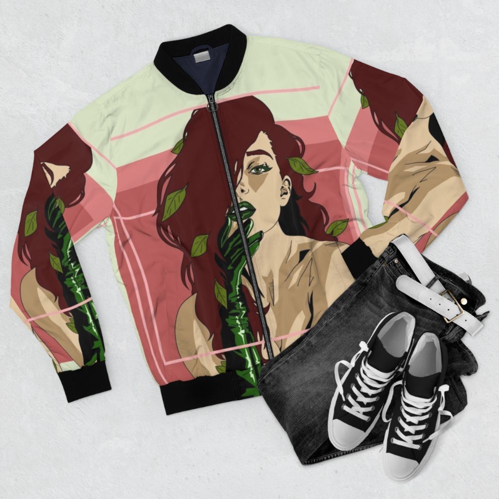 Eco-friendly poisonous bomber jacket featuring botanical floral prints - Flat lay