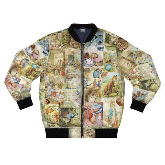 Beatrix Potter inspired collage bomber jacket featuring characters like Peter Rabbit, Cottontail, Flopsy, and Jemima Puddle Duck