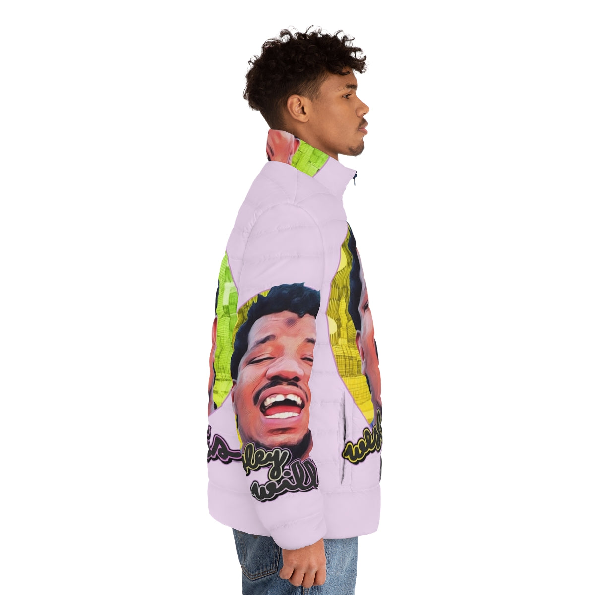 Retro puffer jacket featuring the artwork and music of Chicago artist Wesley Willis - men side right