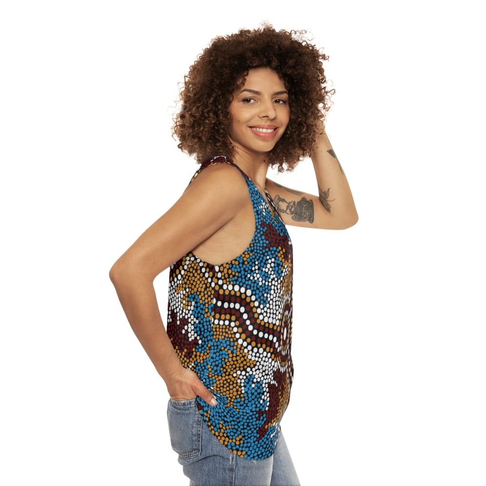 Unisex Tank Top with Aboriginal Art Depicting Wetland Dreaming - women side