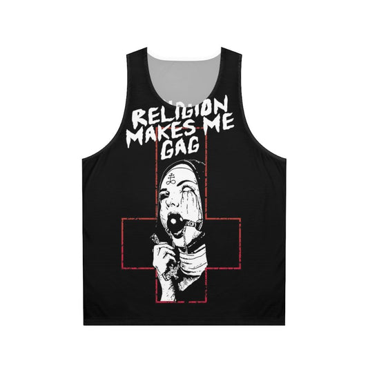 Goth-inspired unisex tank top with "Religion Makes Me Gag" design