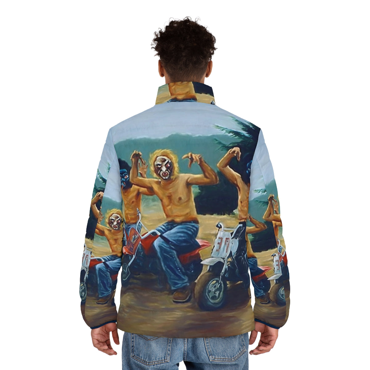 Puffer jacket featuring a painting from the iconic Wes Anderson film The Royal Tenenbaums - men back