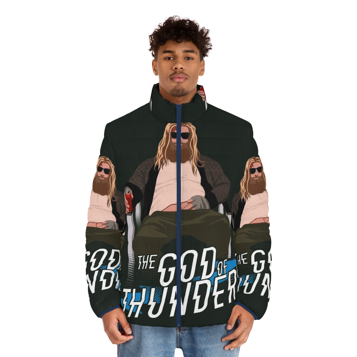 The God of Thunder Puffer Jacket featuring a Thor-inspired design with lightning bolts and Avengers elements - men front