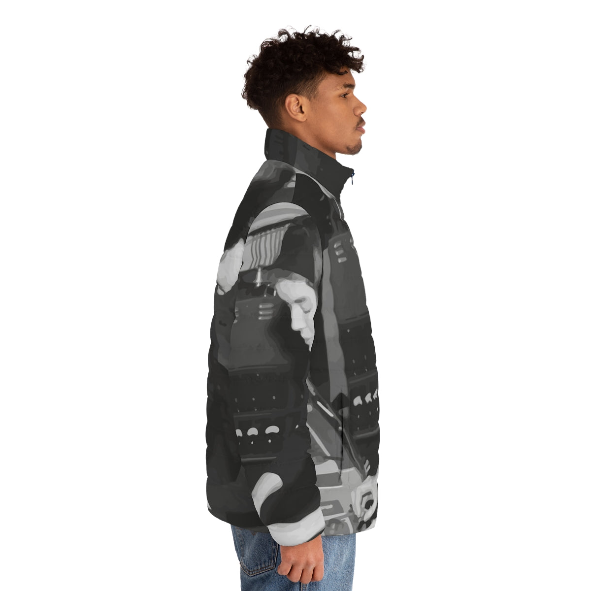 Delia Derbyshire themed puffer jacket with electronica and experimental music inspired design - men side right