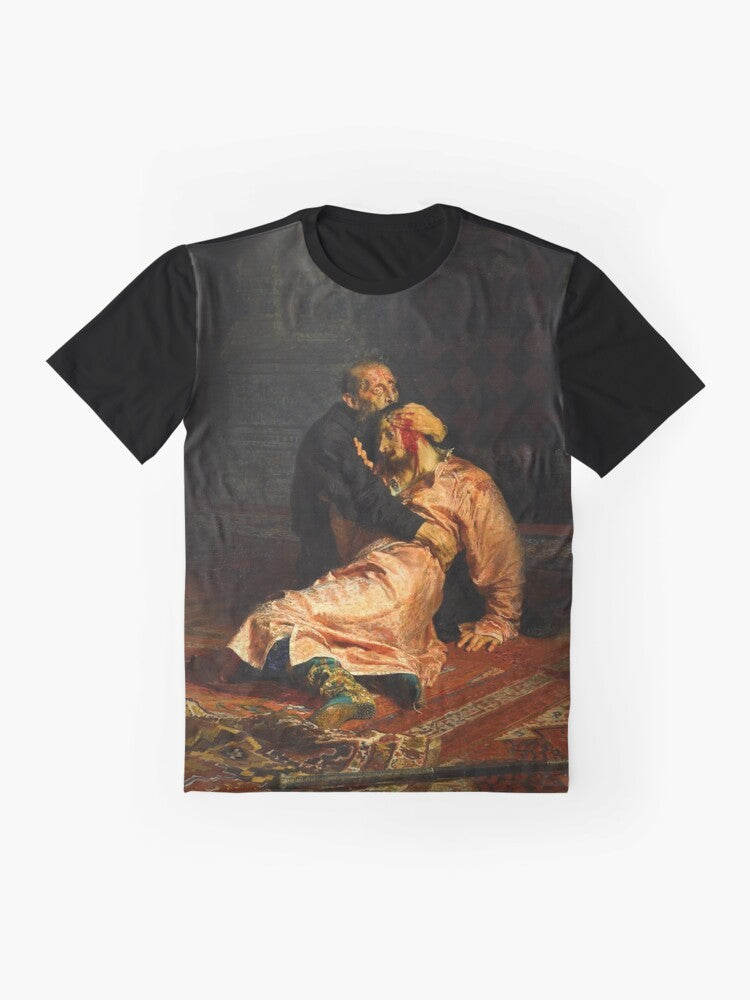 Vivid retro graphic t-shirt featuring the painting "Ivan the Terrible and His Son Ivan" by Ivan Repin - Flat lay