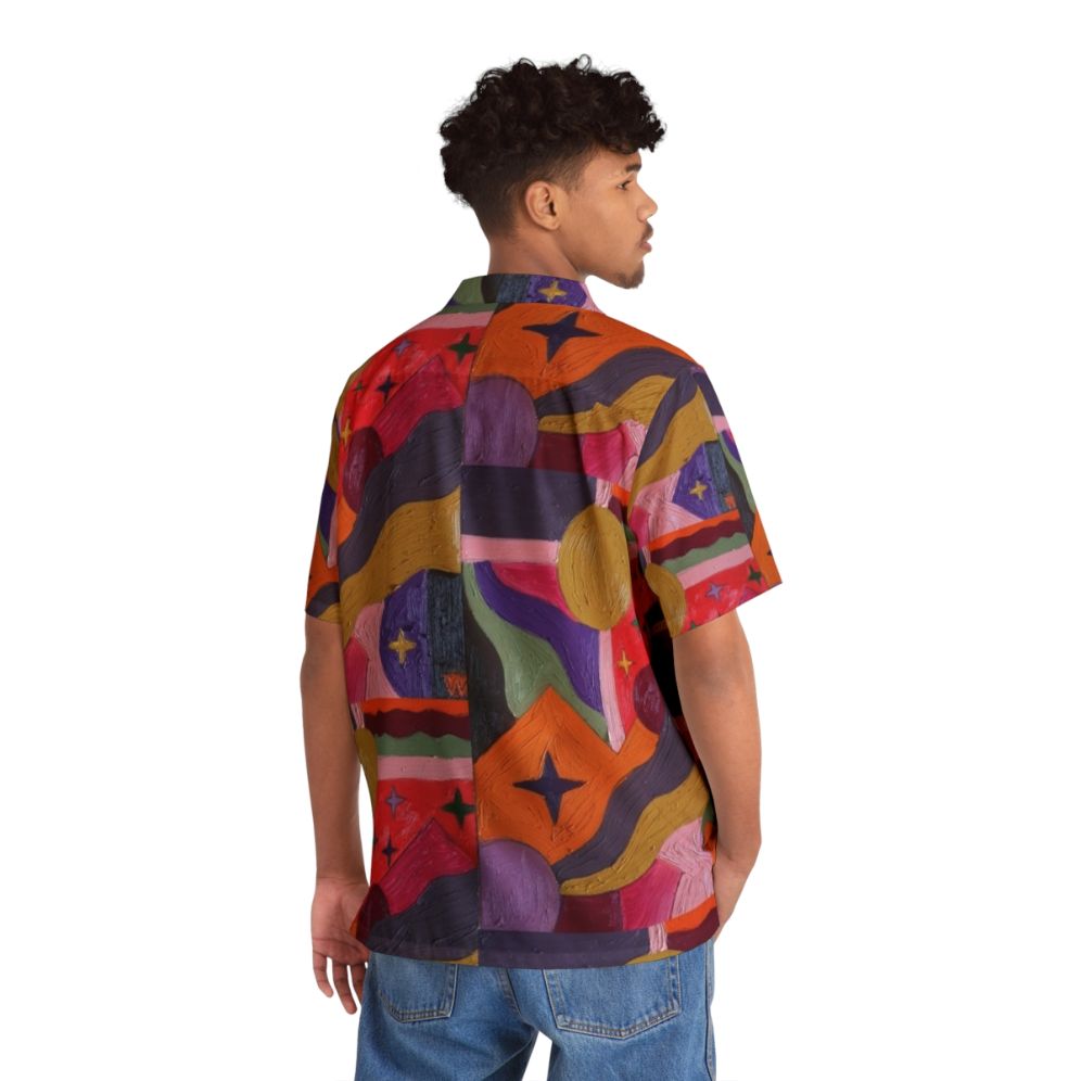 Vibrant abstract Hawaiian shirt with colorful geometric prints and sparkly accents - People Back