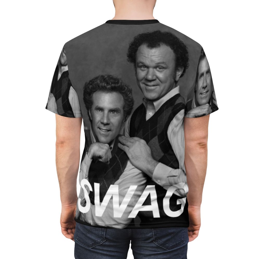 Humorous portrait graphic t-shirt inspired by the classic comedy film Step Brothers - men back