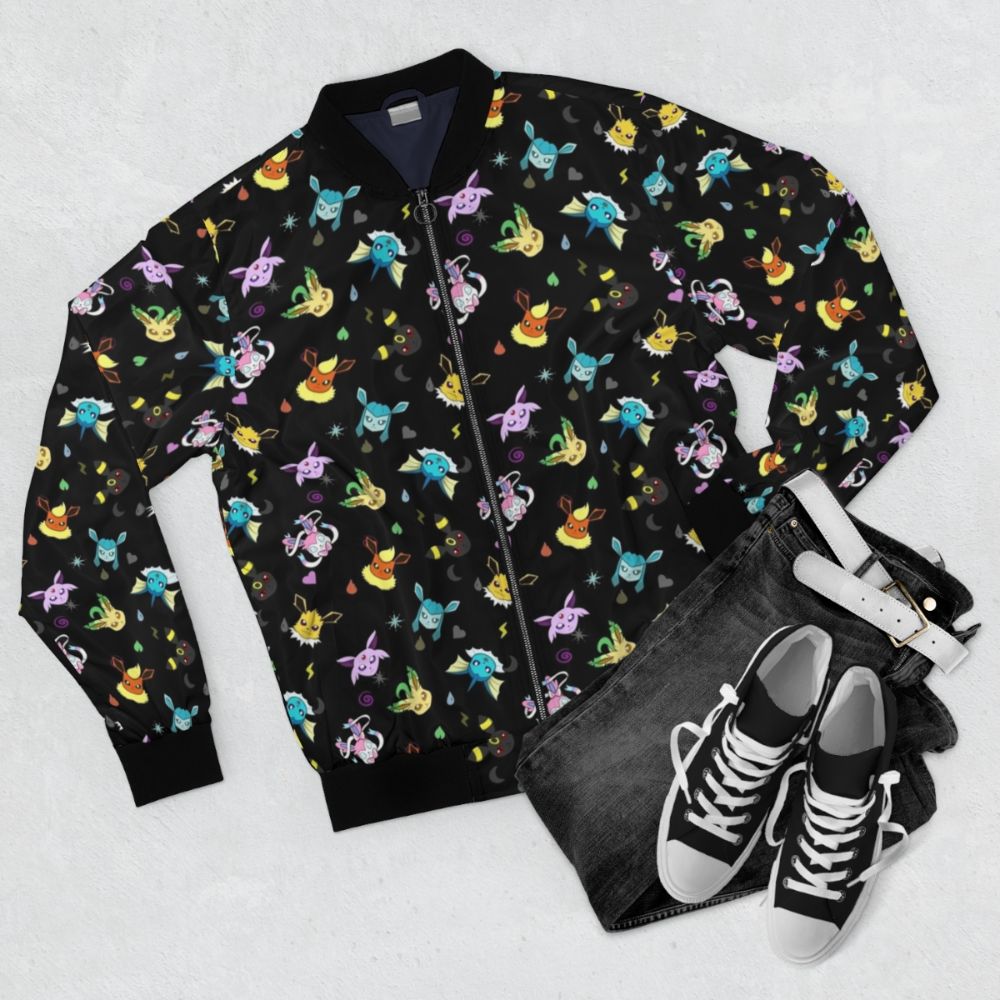 Eeveelutions type pattern bomber jacket with various type symbols - Flat lay