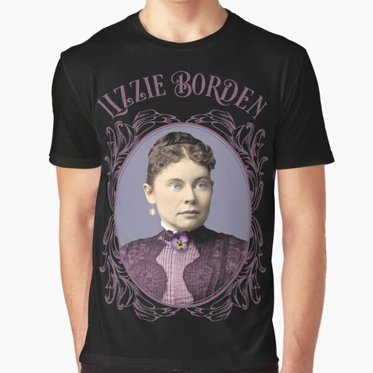 Lizzie Borden graphic t-shirt with purple dress and pansy brooch design