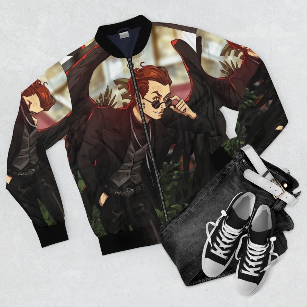 Dark fantasy bomber jacket with crow and sprite design - Flat lay