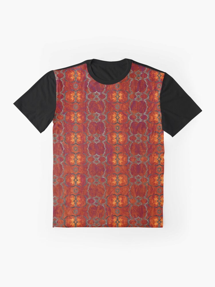 Bold african tribal graphic t-shirt with red and orange stripes and circle patterns - Flat lay